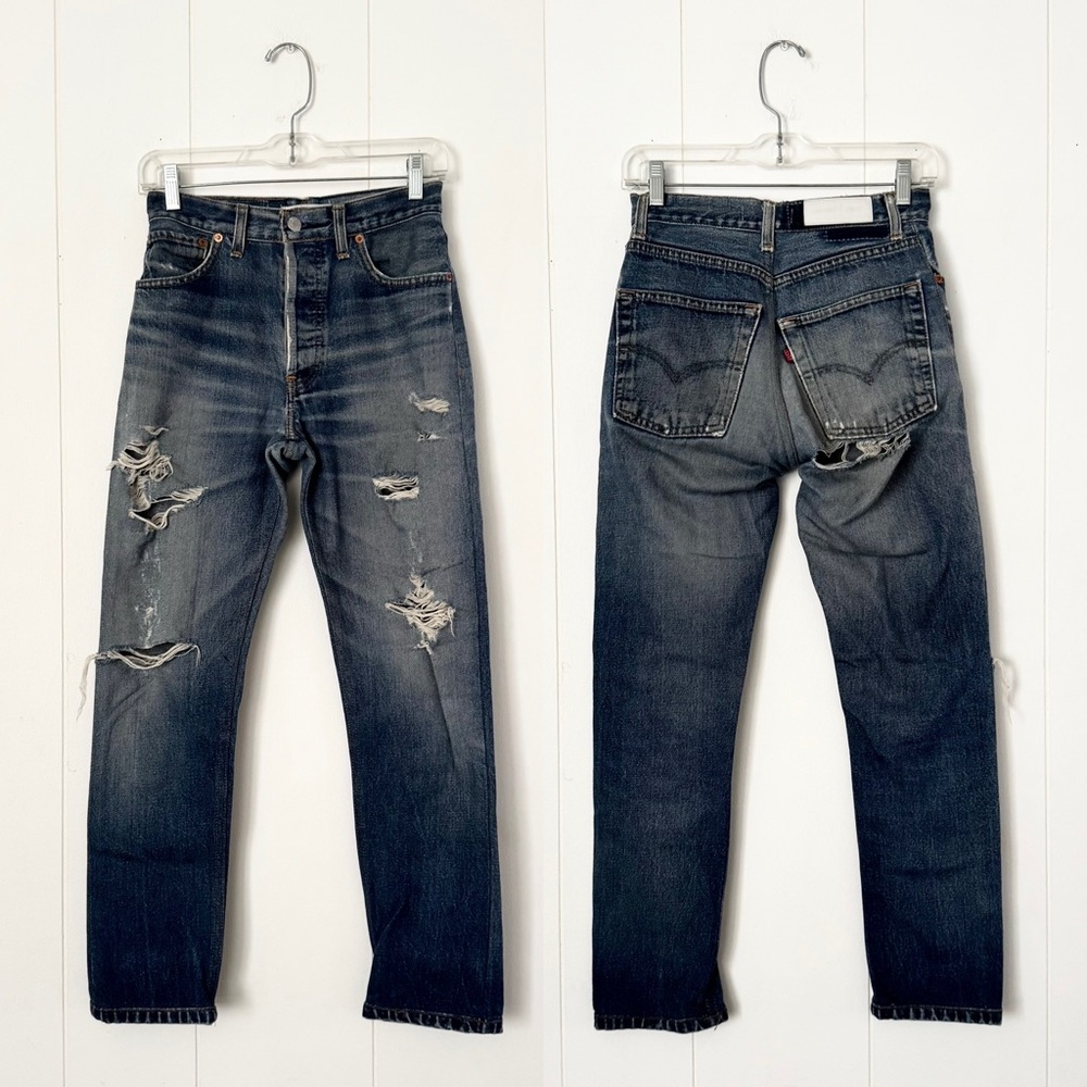 Re/Done x Levi’s High Rise Heavy Distressed Vintage Straight Jeans 24 Blue